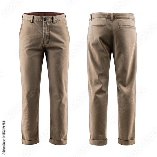 Obraz Beige casual pants, straight leg style,  with rolled cuffs.  Front and back views shown
