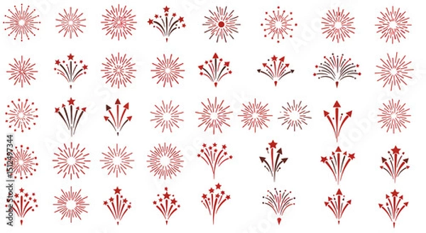 Fototapeta Firework vector set, 36 fireworks designs, starbursts digital clipart for celebration graphics, party icons, festive illustrations, burst patterns, sparkling effects and holiday decoration

