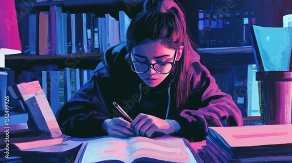 Fototapeta A student pulling an all-nighter, surrounded by study materials and coffee.