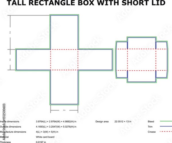 Fototapeta Tall rectangle box with short lid die-cut template design