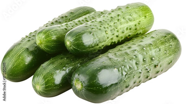 Fototapeta Freshly picked green cucumbers displayed in a group on a deep isolated on white transparent background PNG cutout