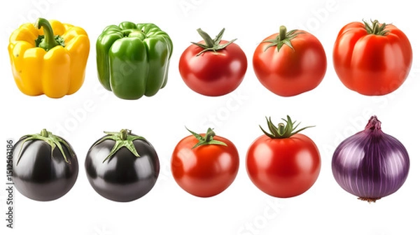 Fototapeta set of fresh colorful vegetables arrangement featuring bell peppers tomatoes eggplants and red onion isolated on white transparent background PNG cutout