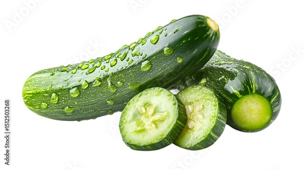 Fototapeta Fresh green cucumber with water droplets and sliced pieces on isolated on white transparent background PNG cutout