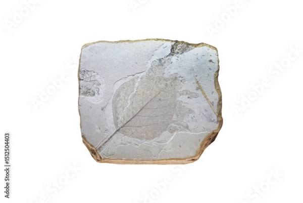 Obraz Populus glandulifera leaf fossil plant on sedimentary rock slab isolated on white background.
