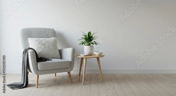 Fototapeta A comfortable gray armchair sits beside a small table with a plant, creating a cozy interior space.