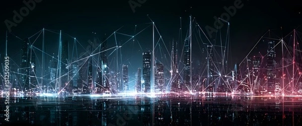 Obraz An illustration of a futuristic cityscape, a digital network overlays the city's skyline. Connected lines suggest advanced communication and connectivity, glowing with blue and red hues