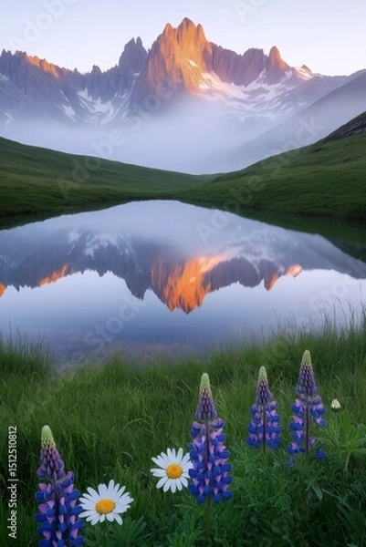 Fototapeta Luminous Mountain Majesty: An awe-inspiring panorama of towering mountains reflected in a tranquil lake, surrounded by a vibrant meadow blooming with wildflowers.