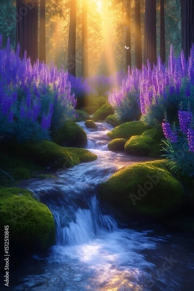 Fototapeta Enchanted Forest Stream: Sunlight streams through tall trees illuminating a serene stream flowing over moss-covered rocks, surrounded by vibrant purple wildflowers.