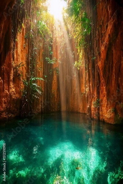 Fototapeta Hidden Oasis of Light: A breathtaking natural sinkhole unveils a hidden world, as ethereal beams of sunlight pierce through the lush canopy, illuminating the pristine turquoise waters below. 