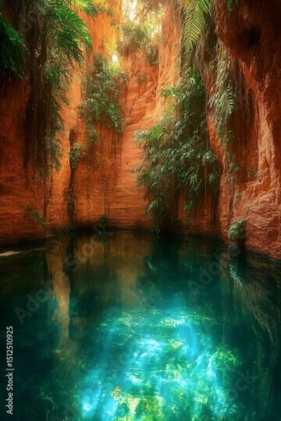Fototapeta Hidden Oasis: A captivating view of an otherworldly oasis with towering rock formations and lush green vegetation reflected in the crystalline waters, creating a mesmerizing composition.