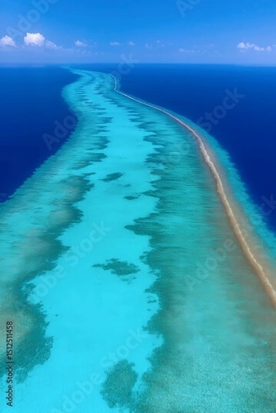 Fototapeta Azure Ocean Sandbar: An aerial captures the rhythmic dance of sandbar and deep blue ocean with some cloud creating natural abstract, where turquoise waves meet the sandy shore in a symphony of color.