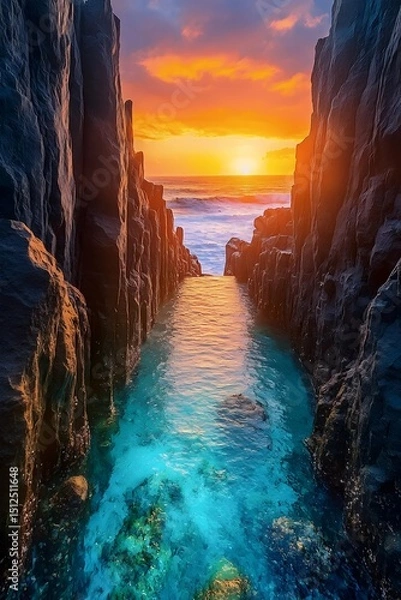 Fototapeta Coastal Majesty: A breathtaking view of a serene channel of crystal-clear water flowing towards the radiant, golden sunset, with towering cliffs.