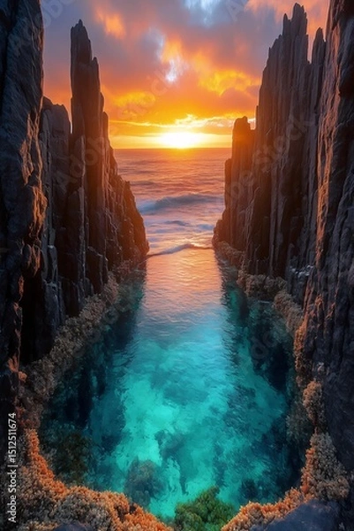 Fototapeta Ocean Gorge at Sunset: Captivating view of a narrow ocean gorge with crystal clear water leading to the open ocean. The scene is bathed in the warm, golden hues of the sunset