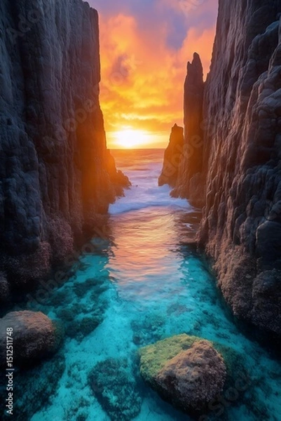 Fototapeta Coastal Sunset Embrace: A stunning view of a turquoise water channel, gracefully winding its way towards the ocean, embraced by rocky cliffs, under a sky ablaze with the vibrant hues of the sunset.