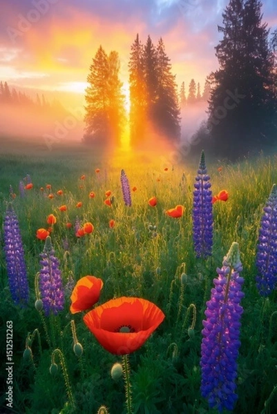 Fototapeta Floral Dawn: A breathtaking dawn scene in a meadow, with vibrant red poppies and majestic purple lupines in full bloom. The sunlight breaks through the misty air, creating an ethereal atmosphere.