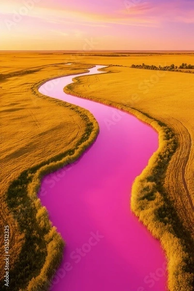 Fototapeta Pink River Serpentine: A stunning pink river carves its way through golden fields under a vibrant sunset, creating an image of fantasy.