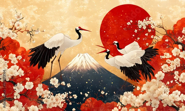 Fototapeta Traditional Japanese art style with cranes sakura blossoms Mount Fuji gold and red hues ukiyo-e inspired harmonious background