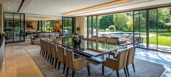 Obraz An elegant dining area with a large glass table, designer chairs, and sophisticated lighting