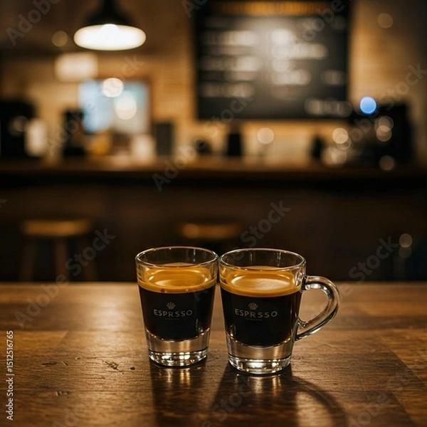 Fototapeta Double Espresso with Crema in White Demitasse Cup on Rustic Café Table

