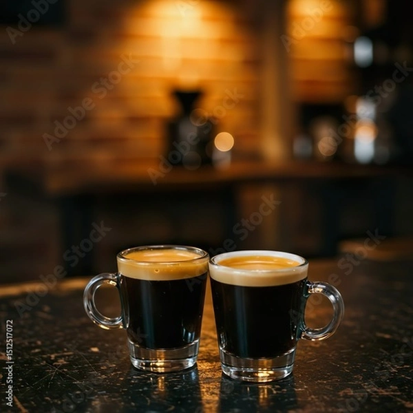 Fototapeta Double Espresso with Crema in White Demitasse Cup on Rustic Café Table

