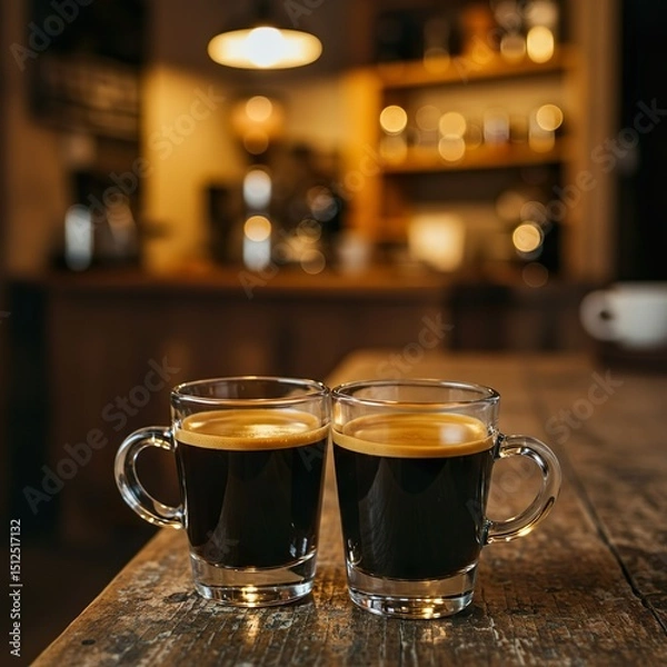 Fototapeta Double Espresso with Crema in White Demitasse Cup on Rustic Café Table

