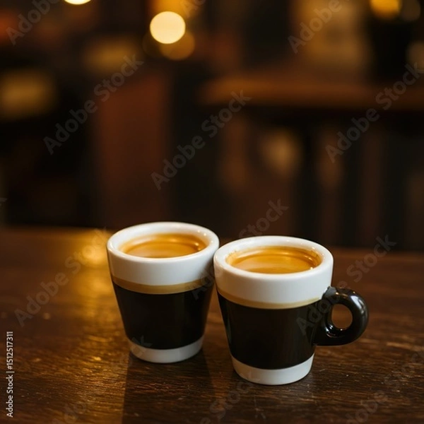 Fototapeta Double Espresso with Crema in White Demitasse Cup on Rustic Café Table

