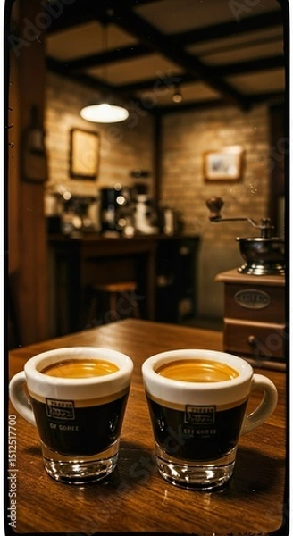 Fototapeta Double Espresso with Crema in White Demitasse Cup on Rustic Café Table


