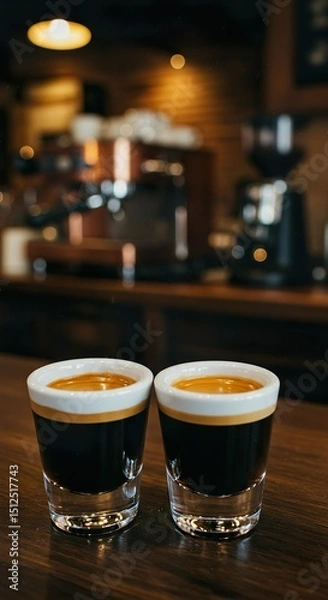 Fototapeta Double Espresso with Crema in White Demitasse Cup on Rustic Café Table

