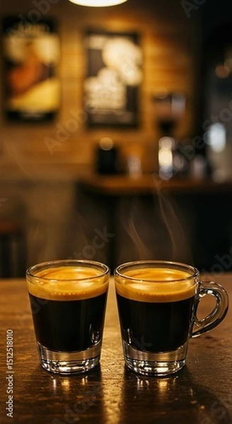 Fototapeta Double Espresso with Crema in White Demitasse Cup on Rustic Café Table

