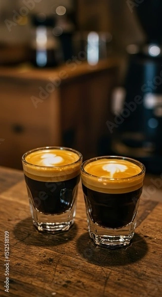 Fototapeta Double Espresso with Crema in White Demitasse Cup on Rustic Café Table

