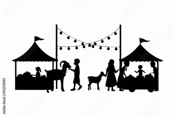 Fototapeta Silhouette of people and goats at a market fair under string lights isolated on white background, showcasing community and commerce