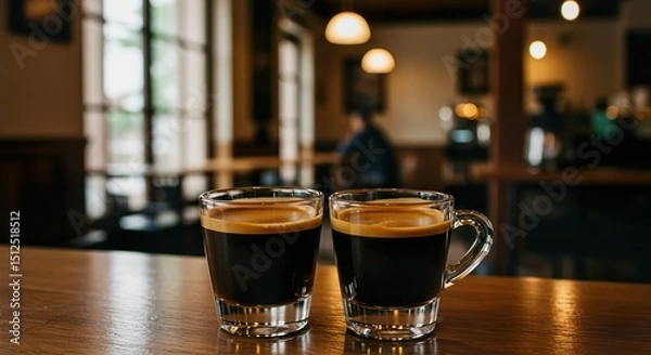 Fototapeta Double Espresso with Crema in White Demitasse Cup on Rustic Café Table


