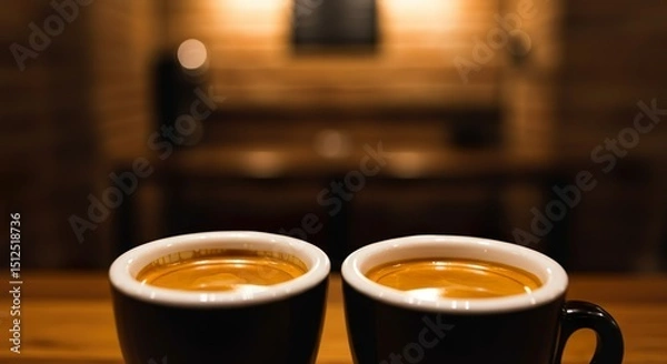 Fototapeta Double Espresso with Crema in White Demitasse Cup on Rustic Café Table

