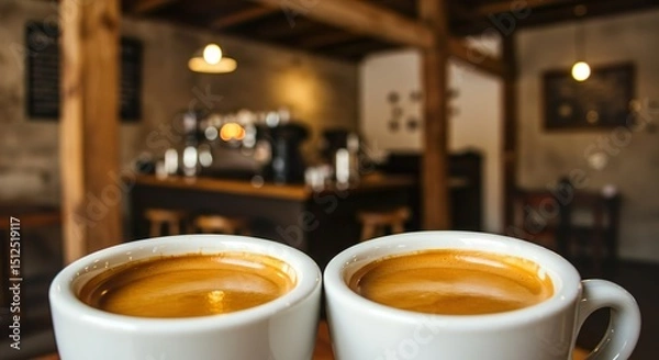 Fototapeta Double Espresso with Crema in White Demitasse Cup on Rustic Café Table

