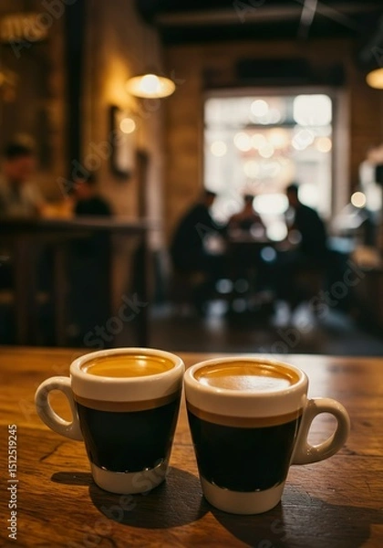 Fototapeta Double Espresso with Crema in White Demitasse Cup on Rustic Café Table

