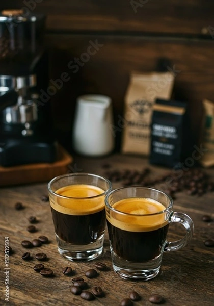 Fototapeta Double Espresso with Crema in White Demitasse Cup on Rustic Café Table


