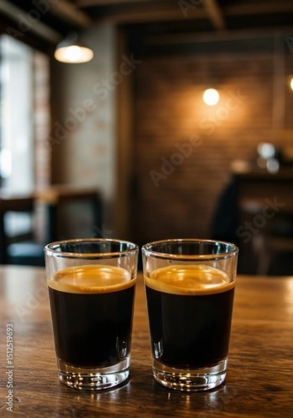 Fototapeta Double Espresso with Crema in White Demitasse Cup on Rustic Café Table

