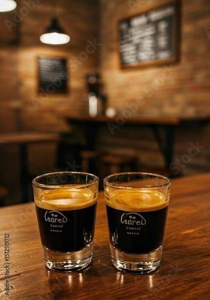 Fototapeta Double Espresso with Crema in White Demitasse Cup on Rustic Café Table

