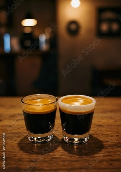 Fototapeta Double Espresso with Crema in White Demitasse Cup on Rustic Café Table

