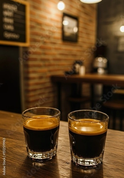 Fototapeta Double Espresso with Crema in White Demitasse Cup on Rustic Café Table

