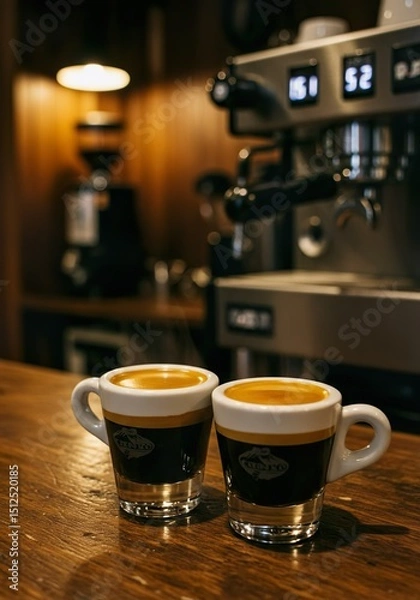 Fototapeta Double Espresso with Crema in White Demitasse Cup on Rustic Café Table

