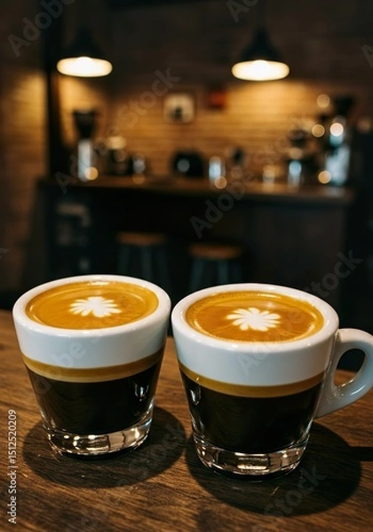 Fototapeta Double Espresso with Crema in White Demitasse Cup on Rustic Café Table

