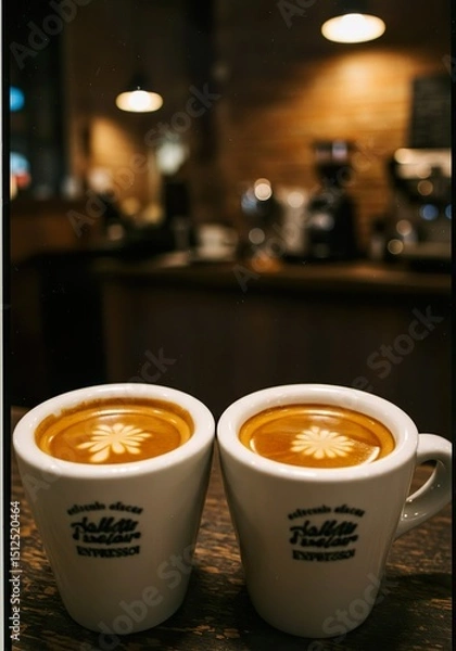 Fototapeta Double Espresso with Crema in White Demitasse Cup on Rustic Café Table

