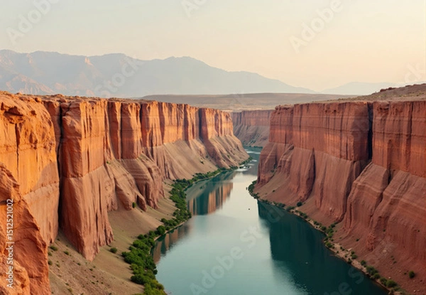 Fototapeta River Canyon with Red Rock Cliffs and Distant Mountains