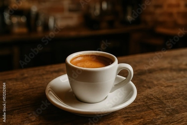 Fototapeta Double Espresso with Crema in White Demitasse Cup on Rustic Café Table


