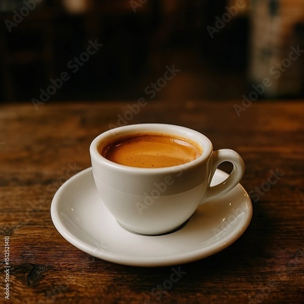 Fototapeta Double Espresso with Crema in White Demitasse Cup on Rustic Café Table

