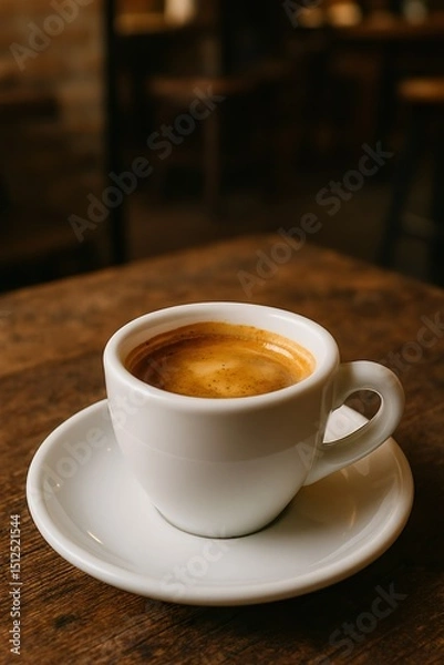 Fototapeta Double Espresso with Crema in White Demitasse Cup on Rustic Café Table

