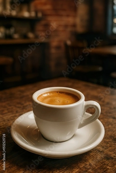 Fototapeta Double Espresso with Crema in White Demitasse Cup on Rustic Café Table

