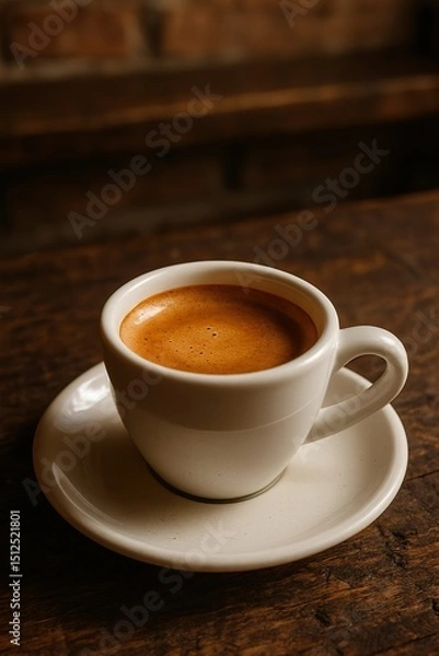 Fototapeta Double Espresso with Crema in White Demitasse Cup on Rustic Café Table

