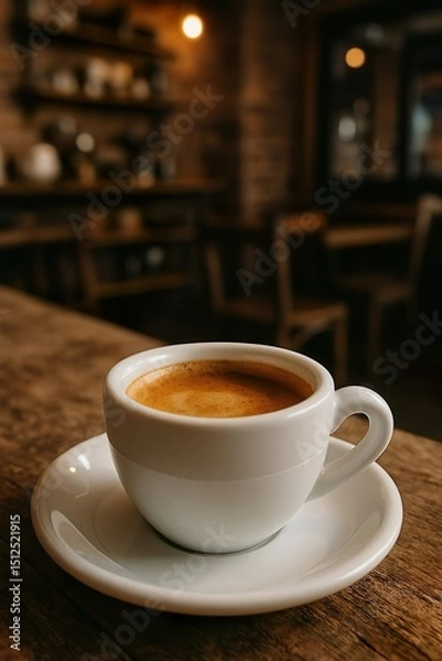 Fototapeta Double Espresso with Crema in White Demitasse Cup on Rustic Café Table

